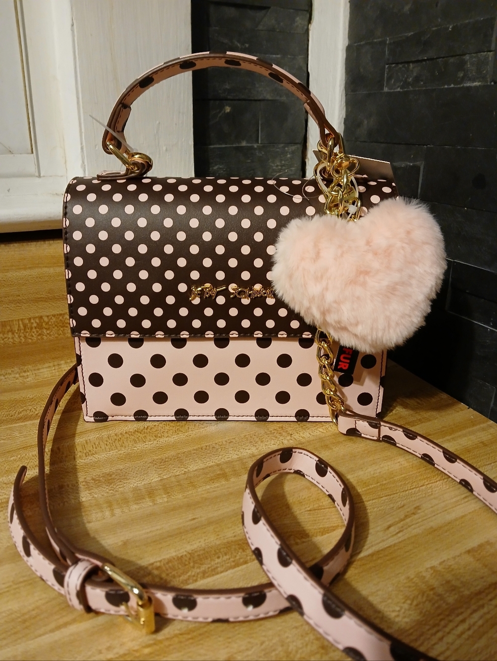 Betsey Johnson Pink and Brown Polka Dot Mini Crossbody with Heart Pom Keychain